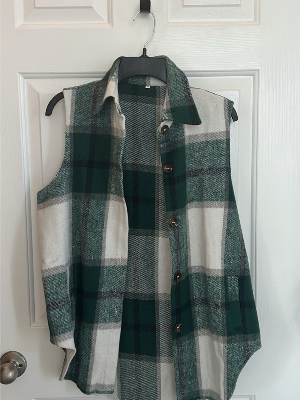 Plaid Button-Front Sleeveless Vest Jacket - Green & Cream